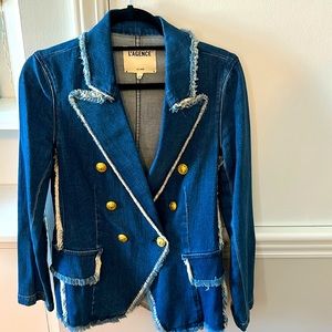 L’AGENCE Kaydence Double Breasted Frayed Denim Blazer Jacket.